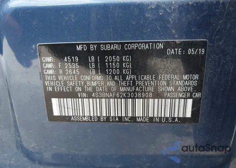 2019 Subaru Legacy 2.5I Premium из США, поврежденный, VIN 4S3BNAF62K3038908